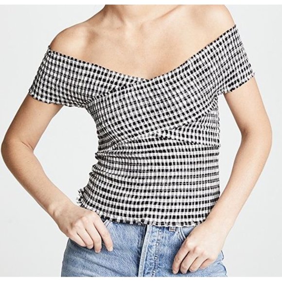 Cupcakes Cashmere Bowman Top Off-The-Shoulder Smocked Gingham Wrap Bardot Blouse - Picture 6 of 9